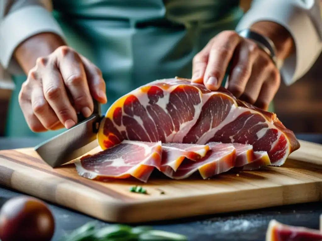 Un maestro carnicero italiano cortando prosciutto di Parma, muestra marbling intrincado en técnica italiana conservación alimentos frío