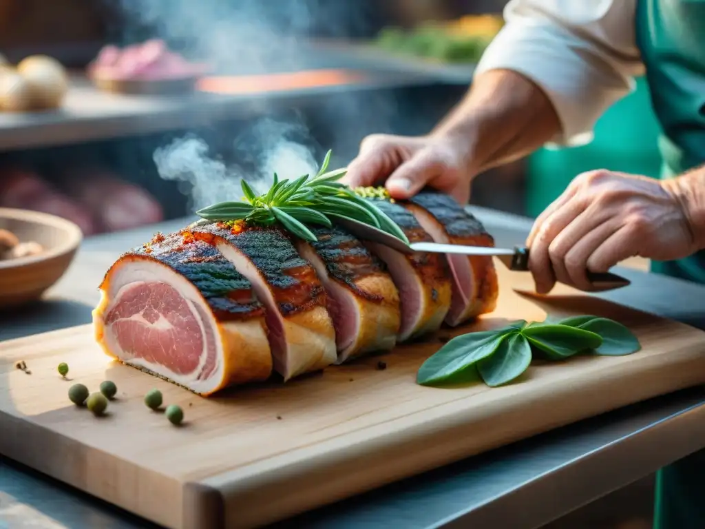 Un maestro carnicero italiano preparando una Porchetta Ariccia con destreza en un mercado al aire libre de Ariccia, Italia