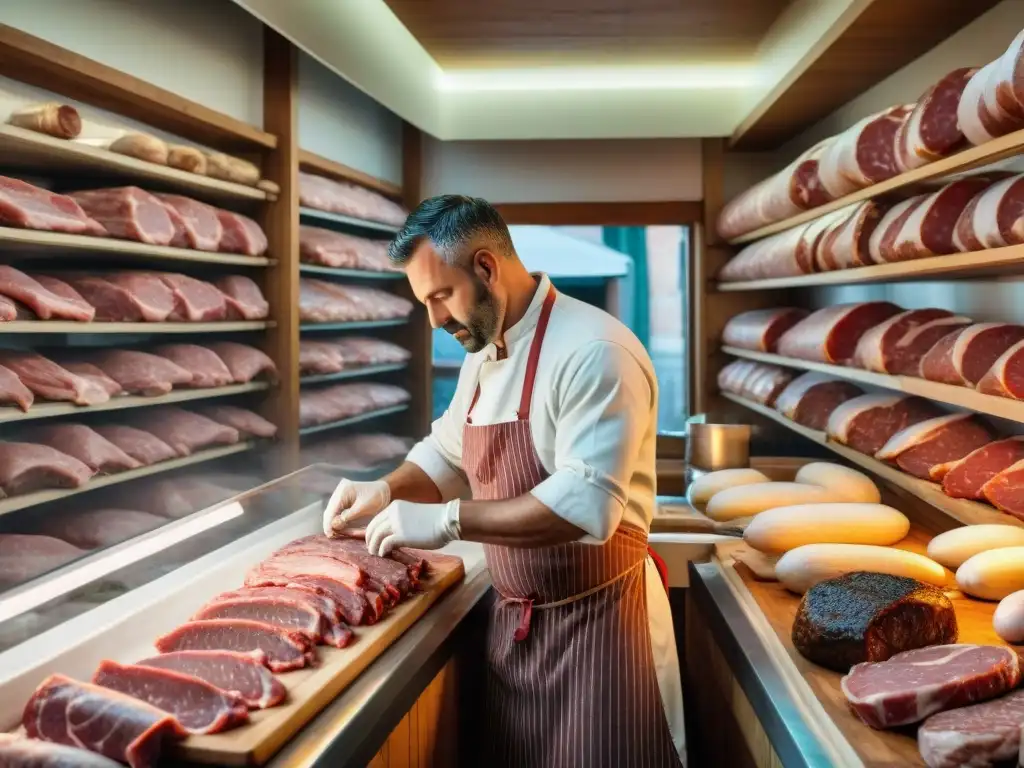 Un maestro carnicero en una salumería italiana demuestra las técnicas italianas de conservación de alimentos en frío, rodeado de sus productos curados