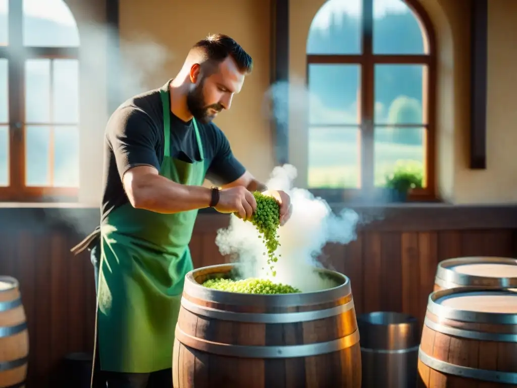 Un maestro cervecero vierte lúpulo en un caldero en una cervecería artesanal del norte de Italia, destacando el proceso artesanal