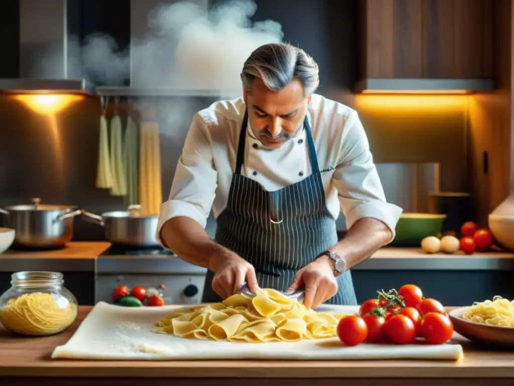 Un maestro chef en una cocina italiana, creando tortellini a mano rodeado de ingredientes frescos