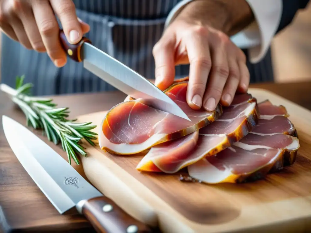 Un maestro chef corta finas lonchas de Prosciutto di Parma gourmet mundial con destreza y precisión en una escena culinaria artística