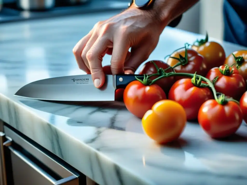 Un maestro chef corta tomates frescos con los mejores cuchillos de cocina italiana en una cocina lujosa y sofisticada