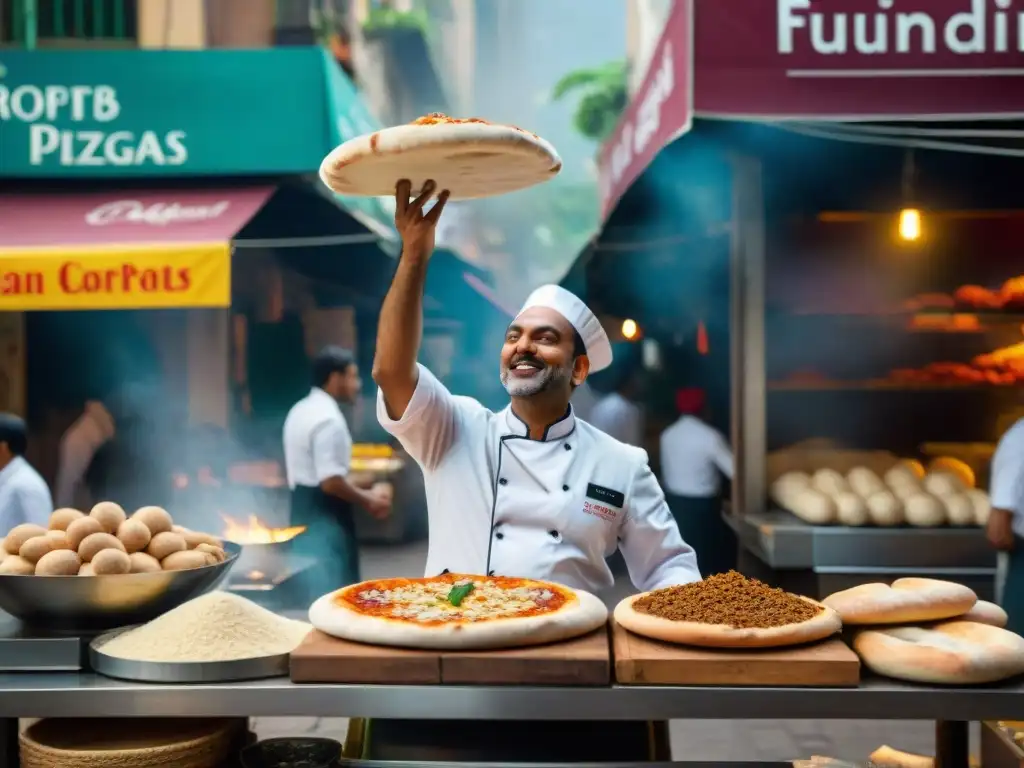 Un maestro chef indio lanzando masa de pizza en un mercado de Mumbai, fusionando la cocina italiana en la India