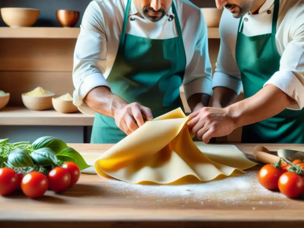 Un maestro chef italiano experto en pasta fresca en una cocina toscana