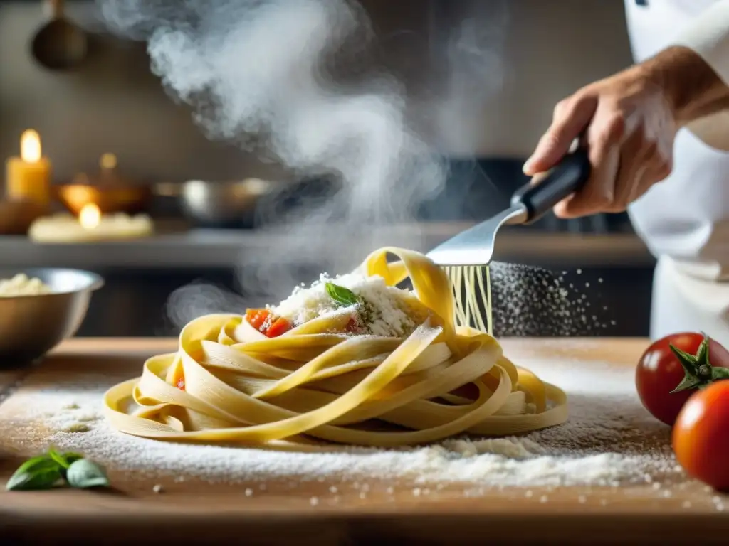 Un maestro chef italiano experto en pasta casera, mostrando la técnica y pasión de la cocina italiana