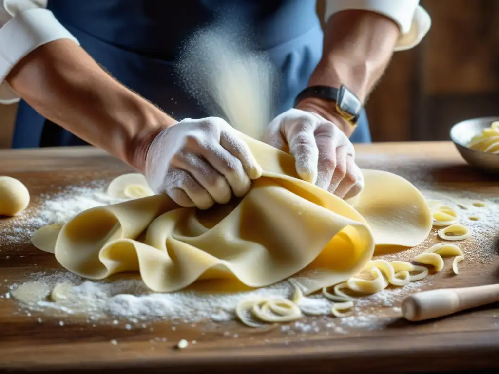 Un maestro chef italiano experto en pasta fresca, con las manos enharinadas, amasa la masa sobre una superficie de madera rústica