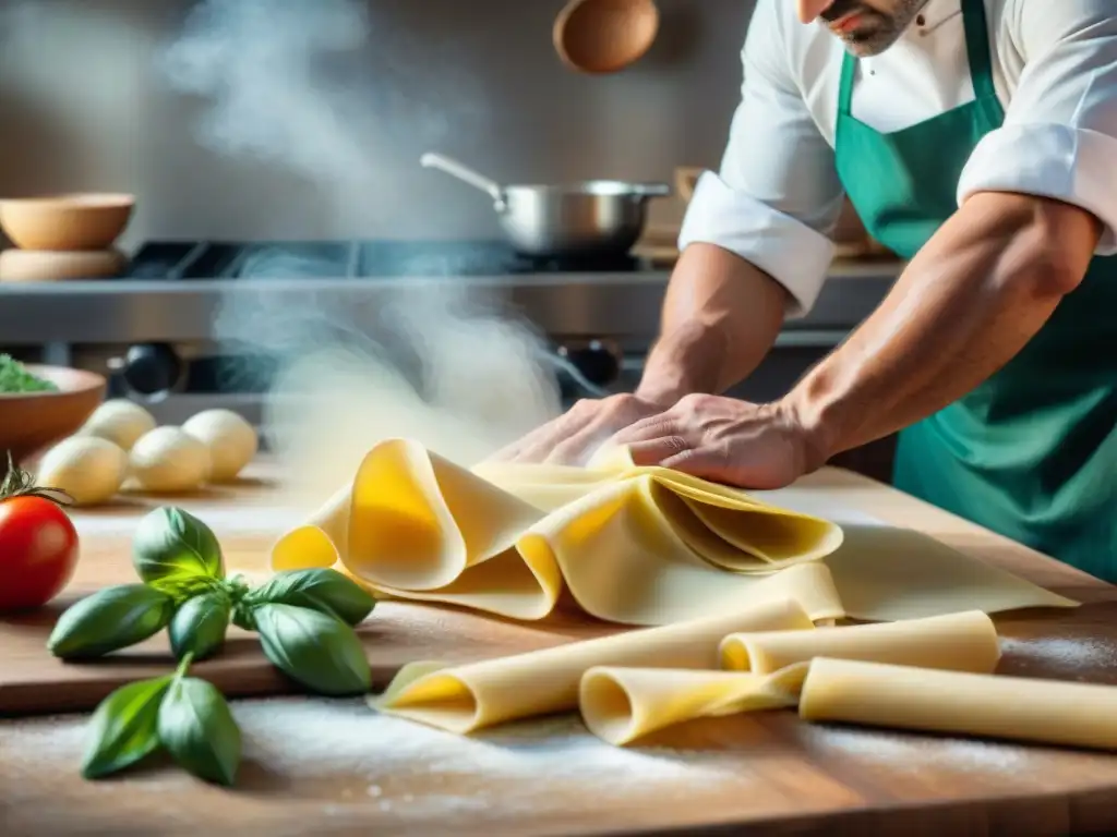 Un maestro chef italiano experto en técnicas culinarias maestros libros preparando pasta fresca en una bulliciosa cocina italiana