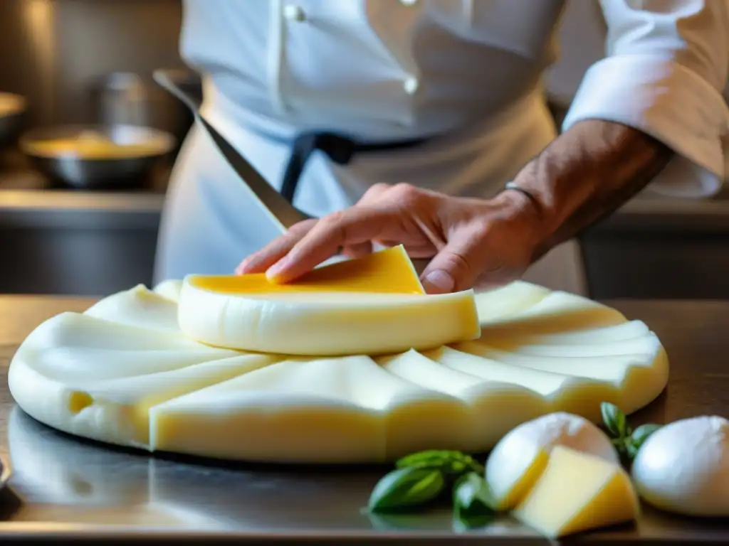 Un maestro chef italiano experto en estirar y doblar mozzarella fresca para crear sfoglia di mozzarella