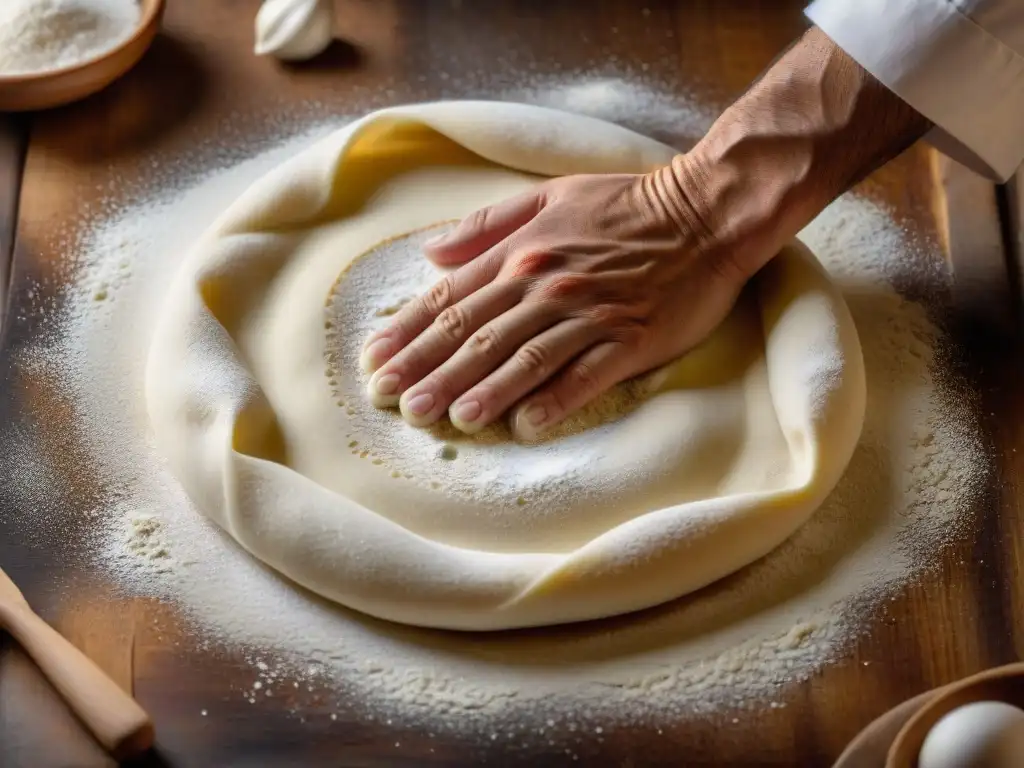 Un maestro chef italiano experto en pizza utiliza uno de los mejores rodillos para pizza para extender perfectamente la masa, con harina en el aire