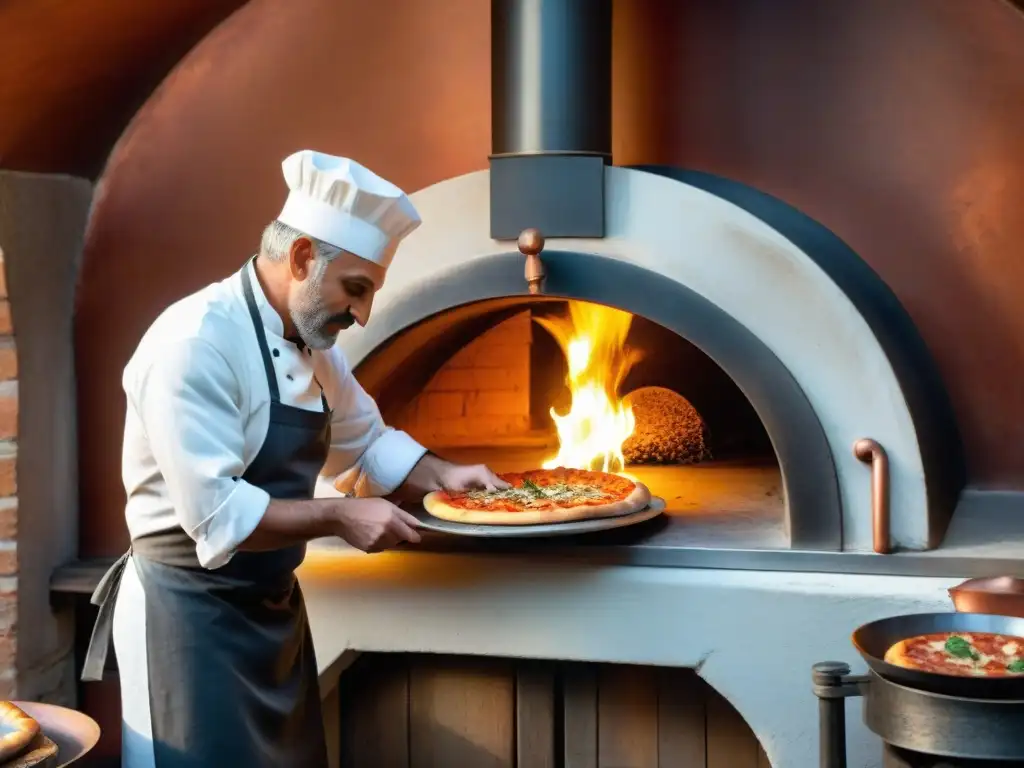 Un maestro chef italiano con manos curtidas coloca una pizza en horno de leña en su cocina rústica