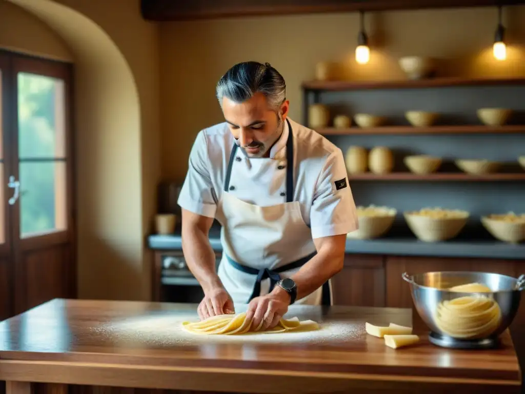 Maestro chef italiano amasando pasta fresca a mano en cocina tradicional