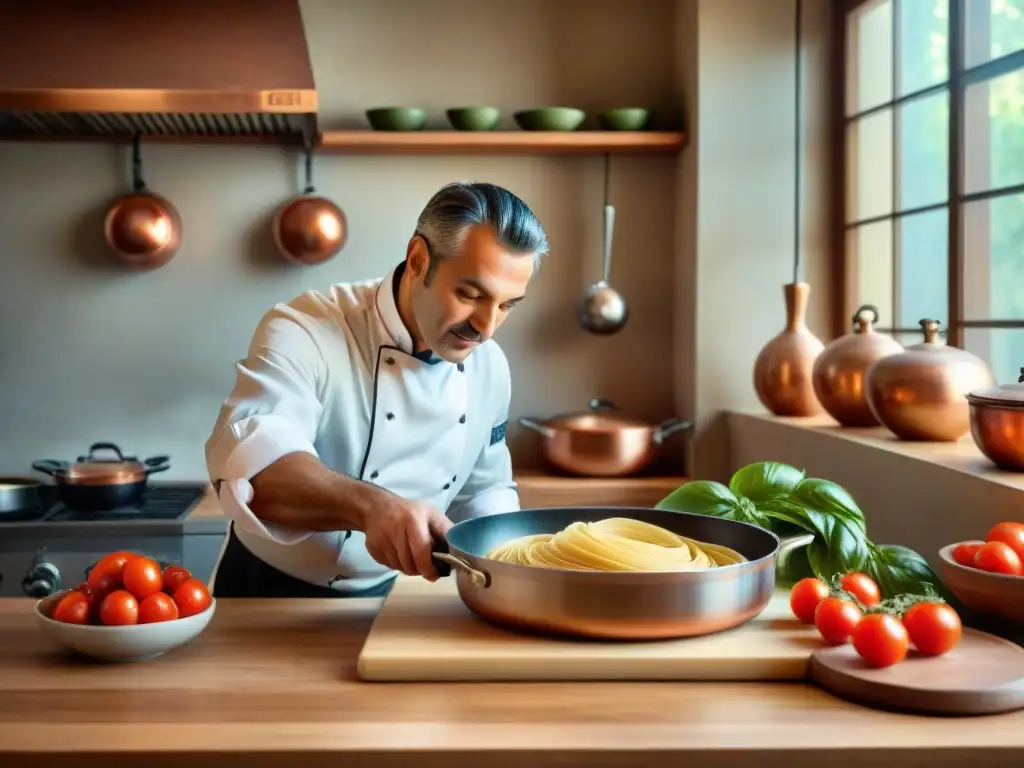 Un maestro chef italiano cortando pasta casera en una bulliciosa cocina tradicional, rodeado de ingredientes frescos