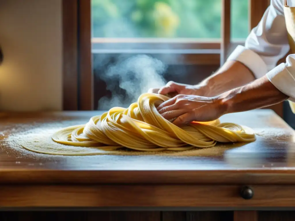 Maestro chef italiano elaborando pasta fresca a mano en cocina tradicional con luz natural