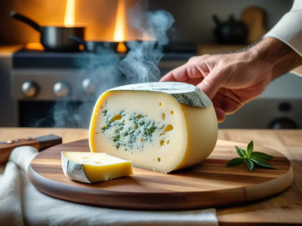 Un maestro chef italiano cortando queso Piave, evocando sabores intensos en una cocina tradicional