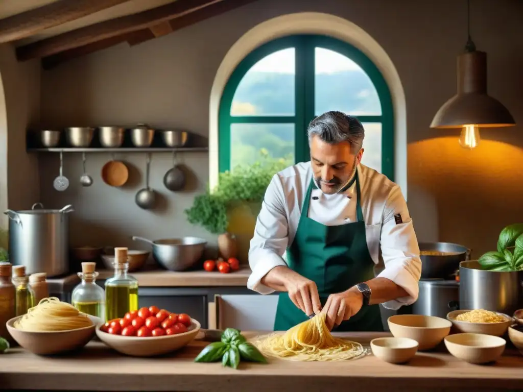 Un maestro chef italiano elaborando raviolis caseros en una cocina rústica, rodeado de ingredientes frescos y utensilios vintage