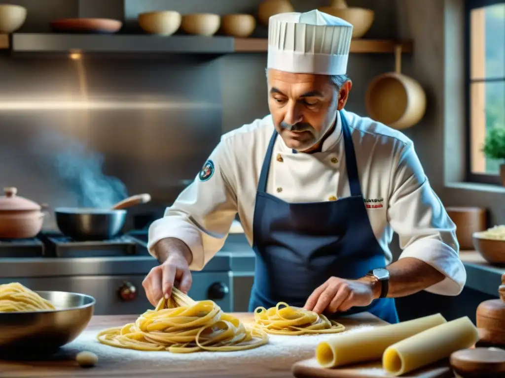 Un maestro chef italiano revelando los Secretos de la pasta italiana en una cocina tradicional