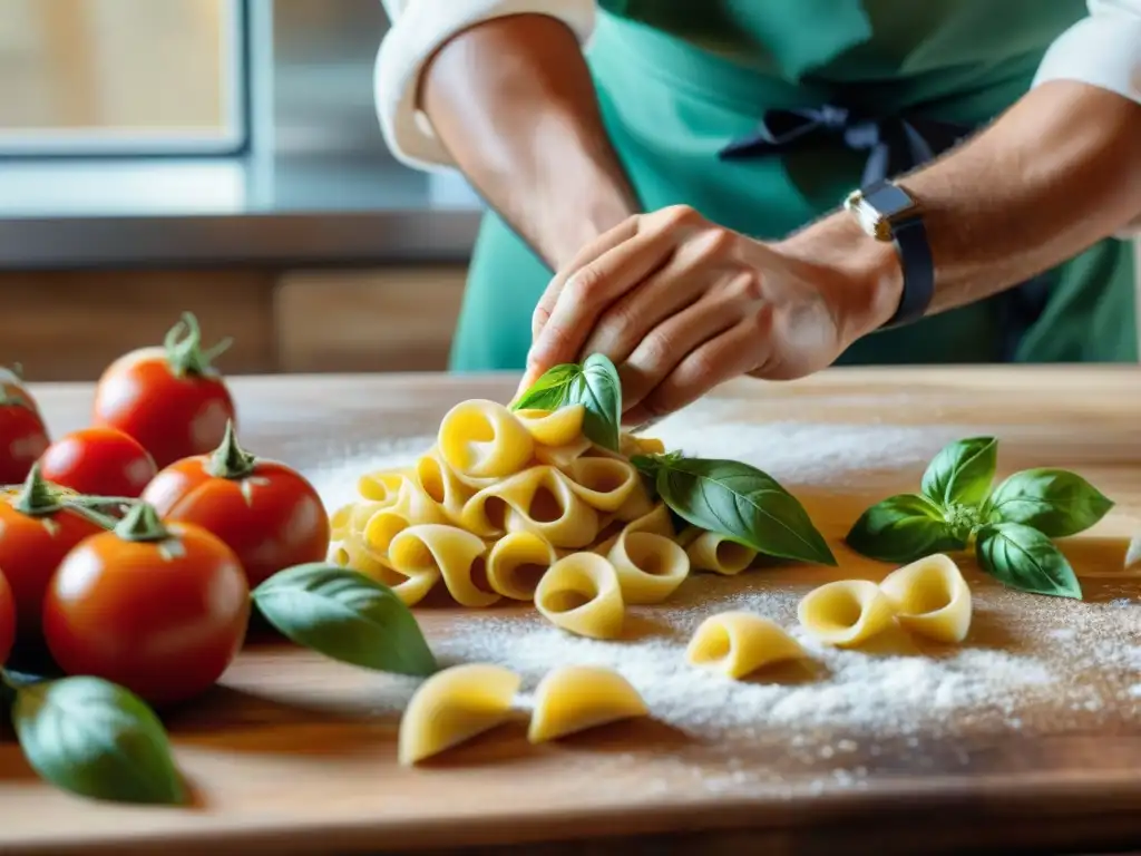 Un maestro chef italiano moldea tortellini a mano, rodeado de ingredientes frescos