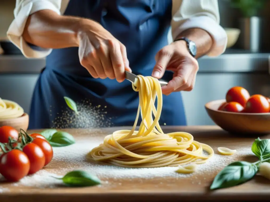 Un maestro chef crea pasta fresca en una cocina italiana tradicional