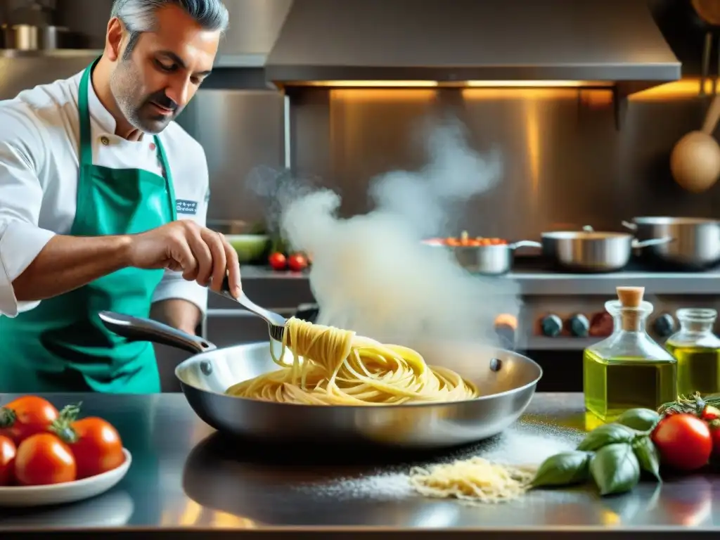 Un maestro chef creando un plato de pasta en una cocina italiana real, rodeado de ingredientes frescos