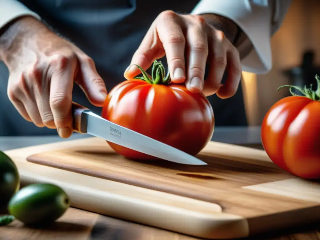 Un maestro chef cortando tomate rojo con cuchillo afilado sobre tabla de madera