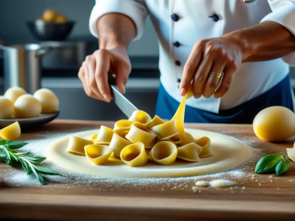 Un maestro chef elabora tortellini en una clase magistral de pasta fresca italiana