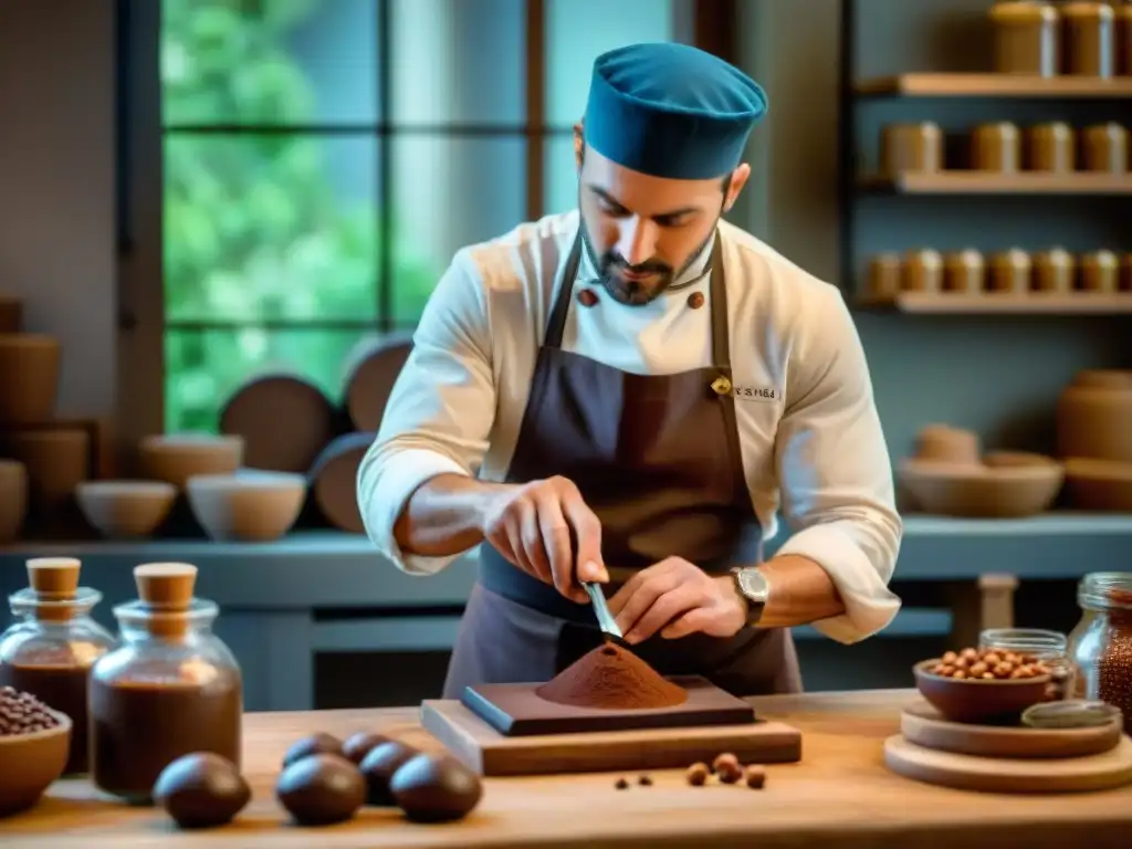 Maestro chocolatero creando Gianduiotto con chocolate italiano y pasta de avellanas en un taller tradicional