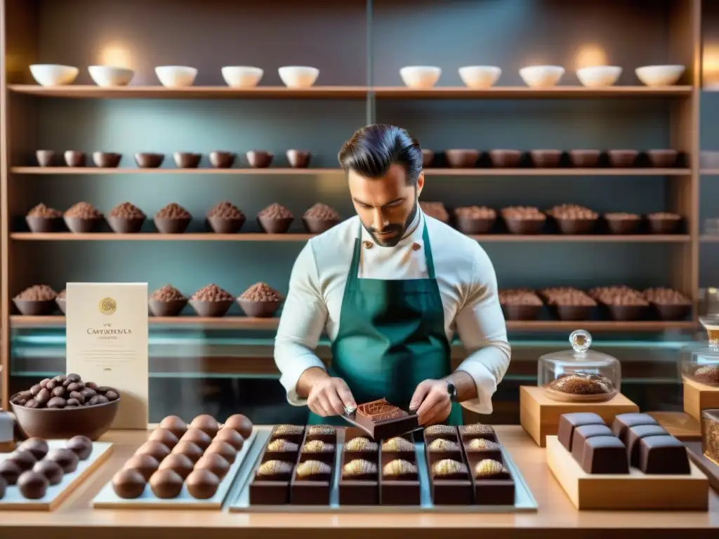 Un maestro chocolatero en Italia crea chocolates con precisión, rodeado de granos de cacao y especias