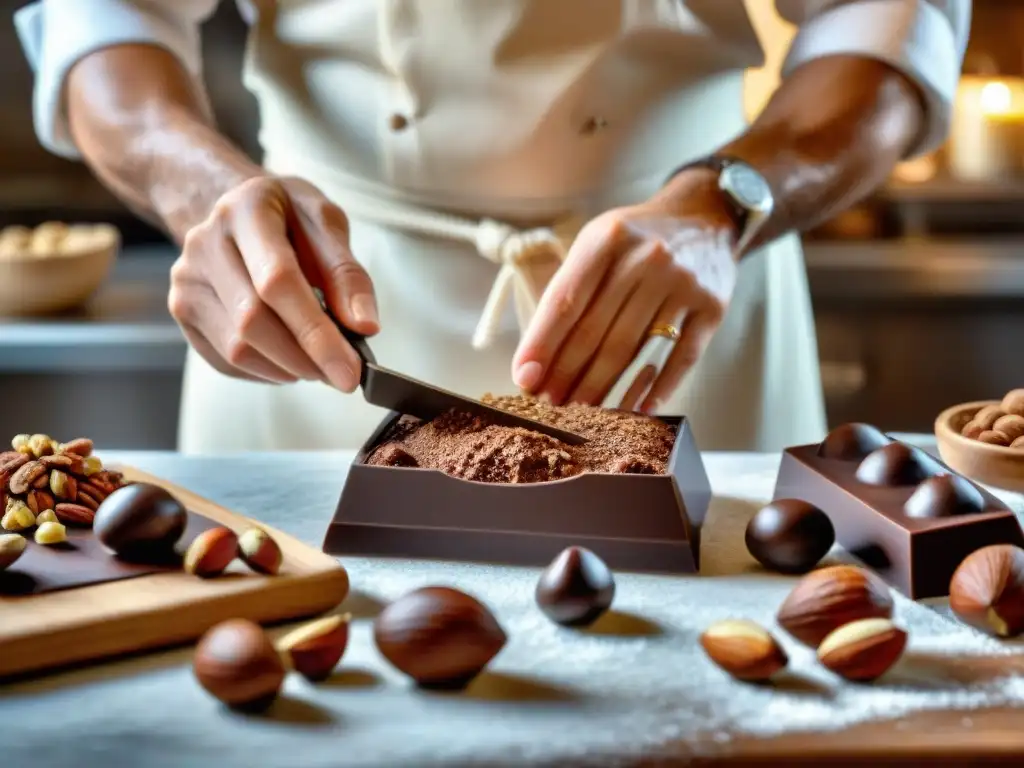 Un maestro chocolatero italiano elaborando con destreza un dulce navideño Torroncino, rodeado de ingredientes premium