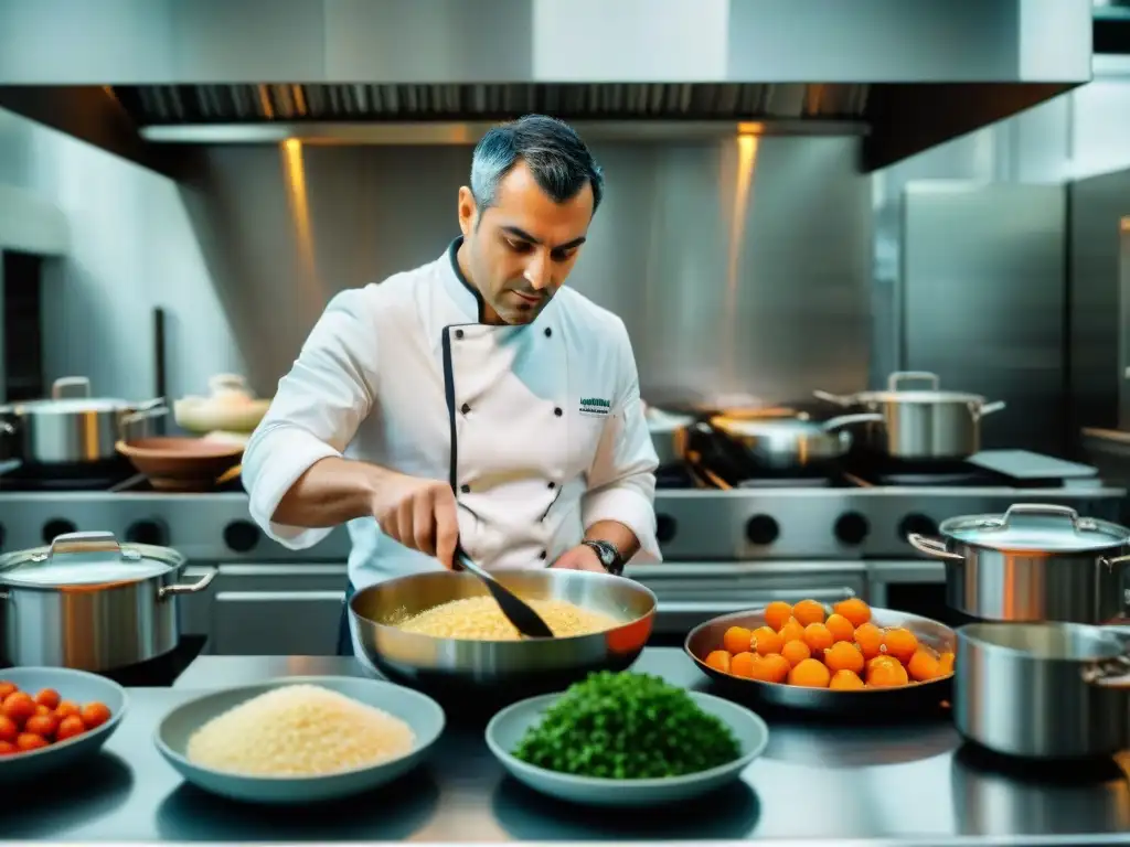 El maestro Davide Oldani revoluciona la cocina italiana en su bulliciosa cocina rodeado de ingredientes frescos y un equipo de chefs enfocados