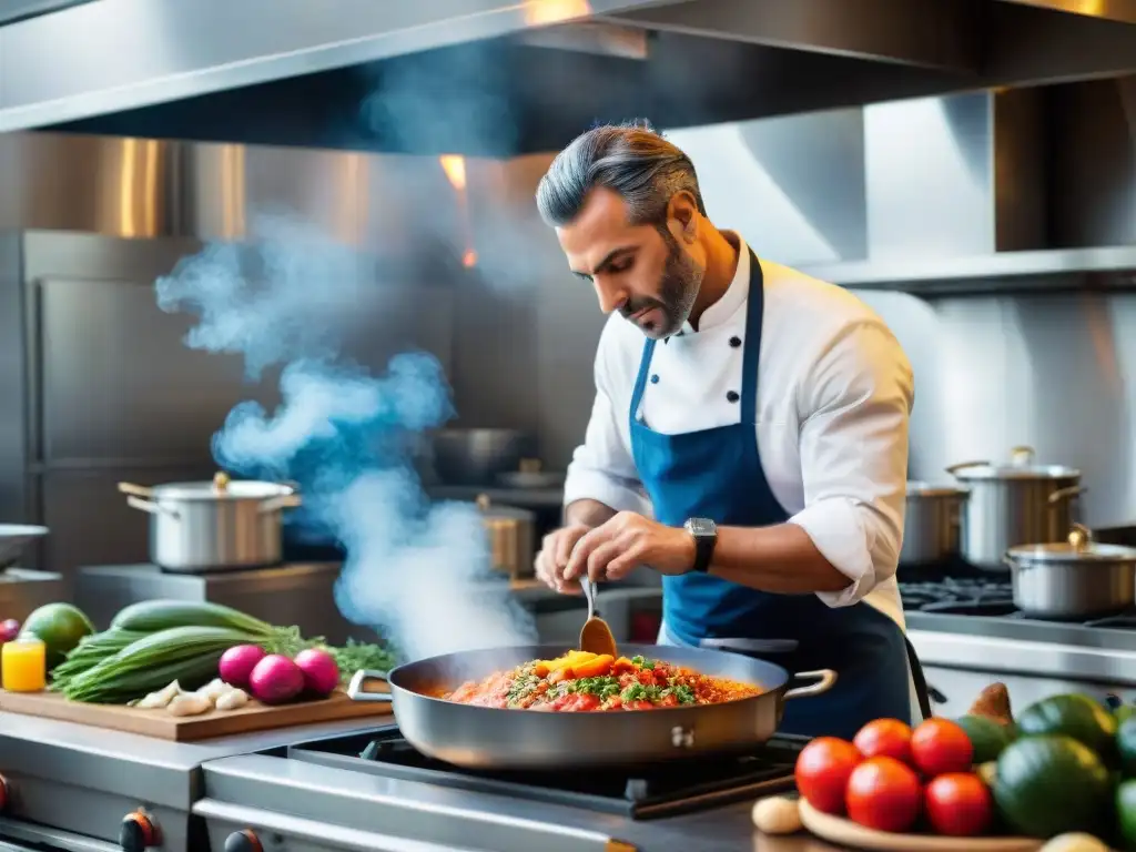 Un maestro en la cocina italiana platos tradicionales se concentra mientras crea su obra culinaria en una cocina bulliciosa