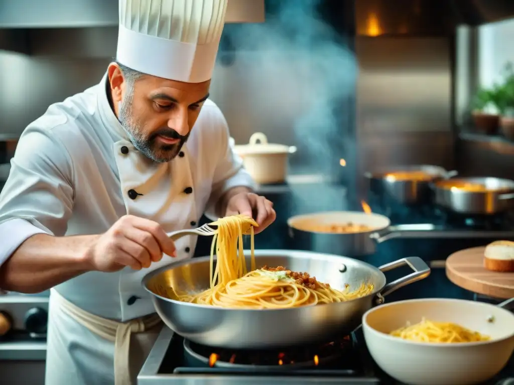 El maestro cocinero italiano prepara la auténtica Carbonara en una bulliciosa cocina romana