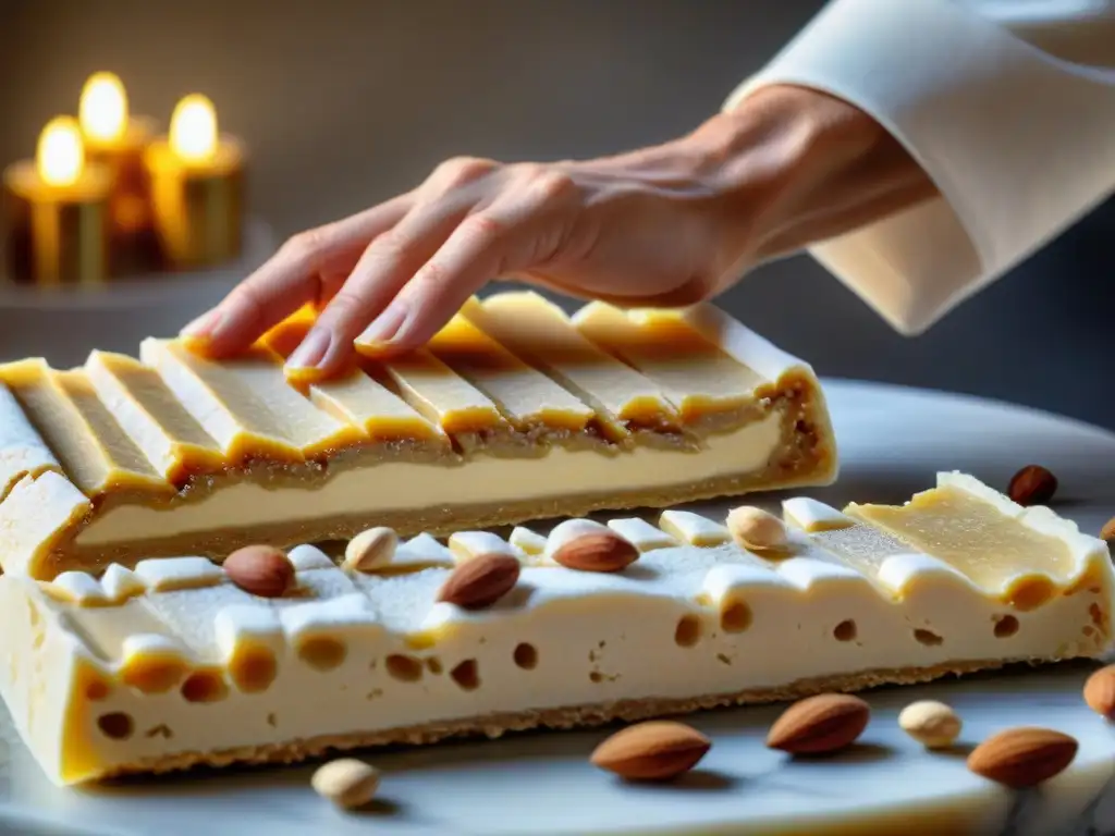 Un maestro confitero italiano estira expertamente la mezcla de miel y almendra para preparar Torrone, destacando la técnica tradicional