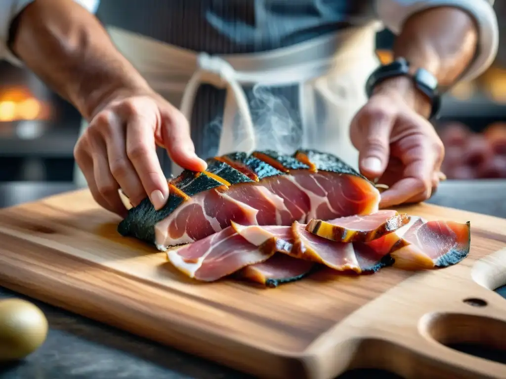 Un maestro corta finas lonchas de Prosciutto di San Daniele DOP en una auténtica delicatessen italiana