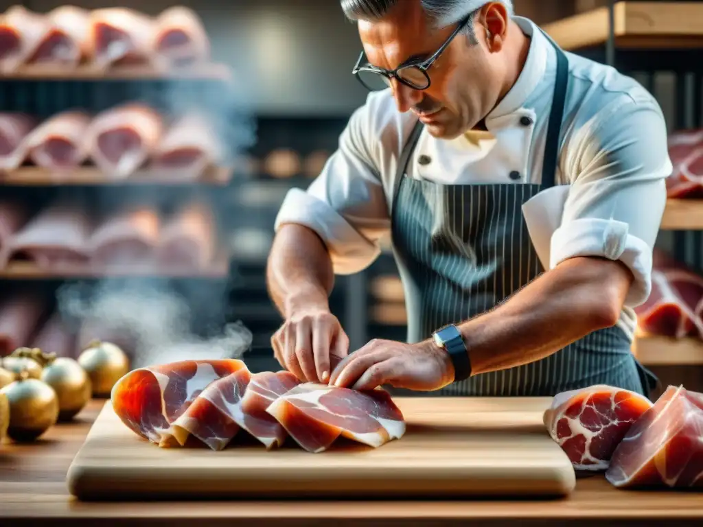 Maestro cortador de Prosciutto di Parma en el Festival Prosciutto di Parma 2021, mostrando precisión y arte en cada loncha