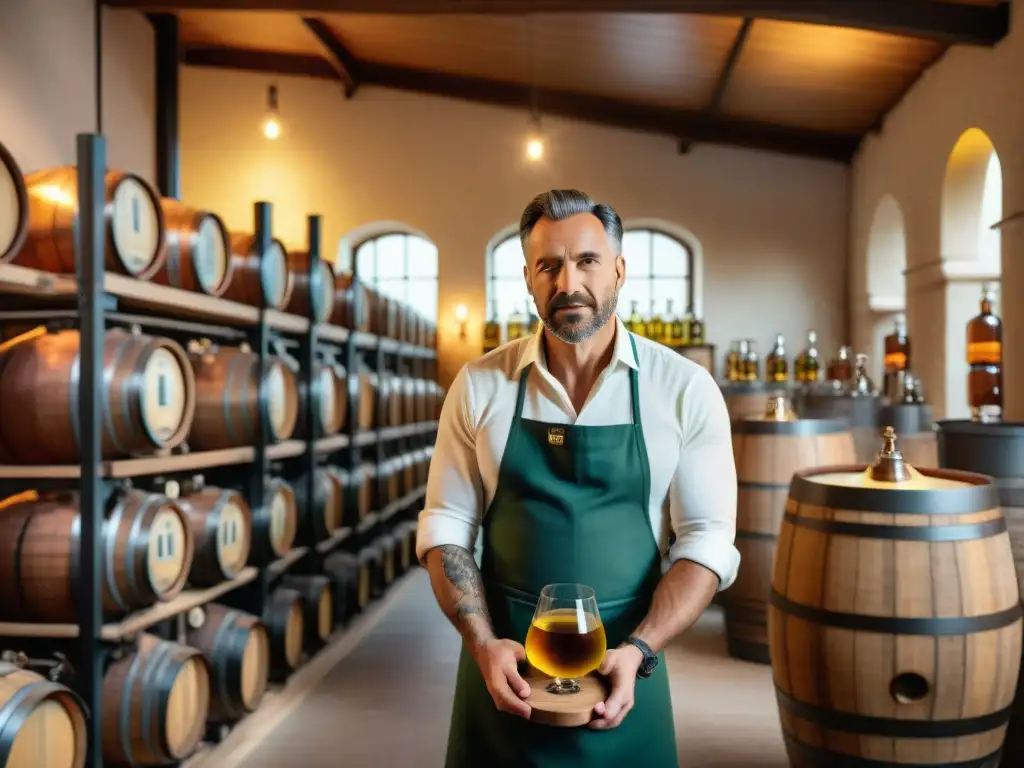 Un maestro destilador supervisa con cuidado la fermentación de licores italianos tradicionales contemporáneos en una destilería italiana