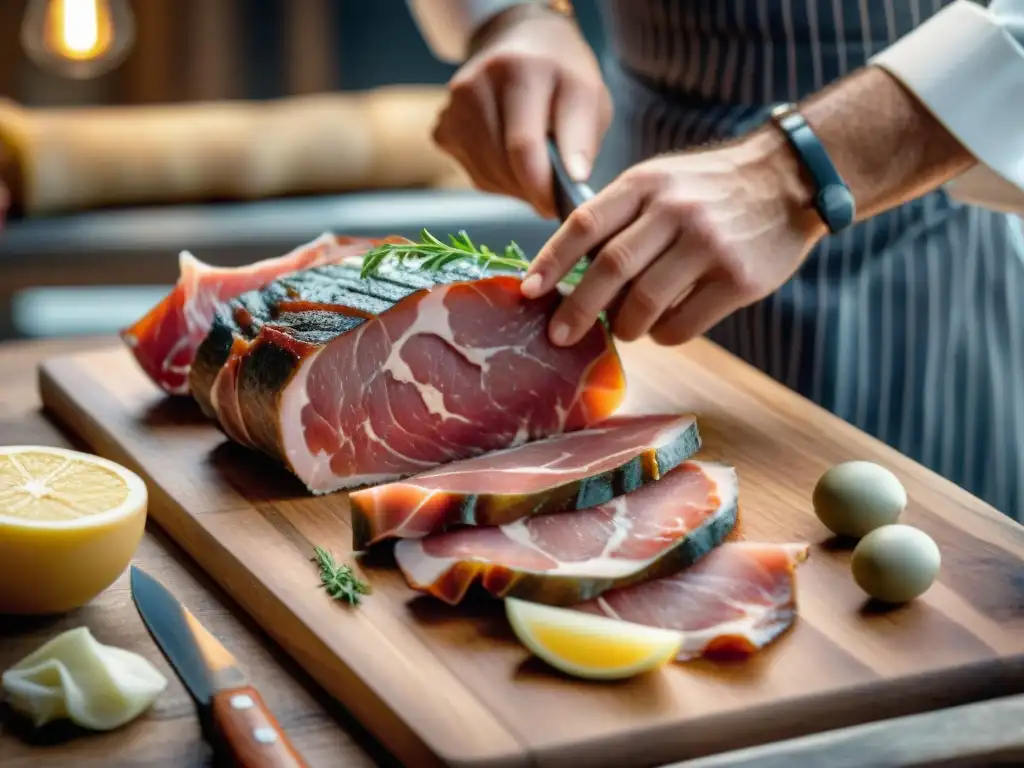 Un maestro cortando finas capas de Prosciutto di Parma en un entorno rural italiano