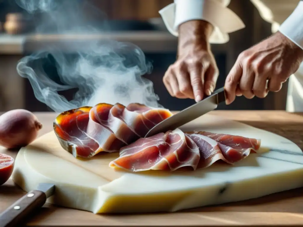 Un maestro cortando finas lonchas de Prosciutto di Parma gourmet mundial con destreza sobre tabla de madera rústica