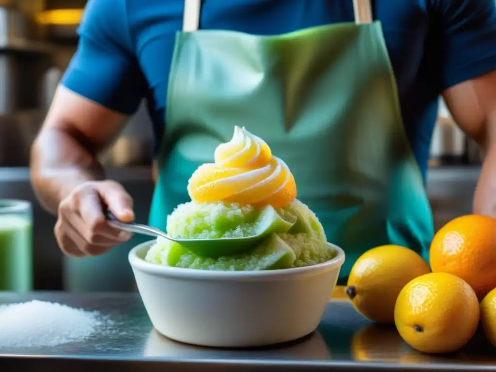 Un maestro gelatero prepara con destreza una granita siciliana en una gelatería tradicional de Sicilia