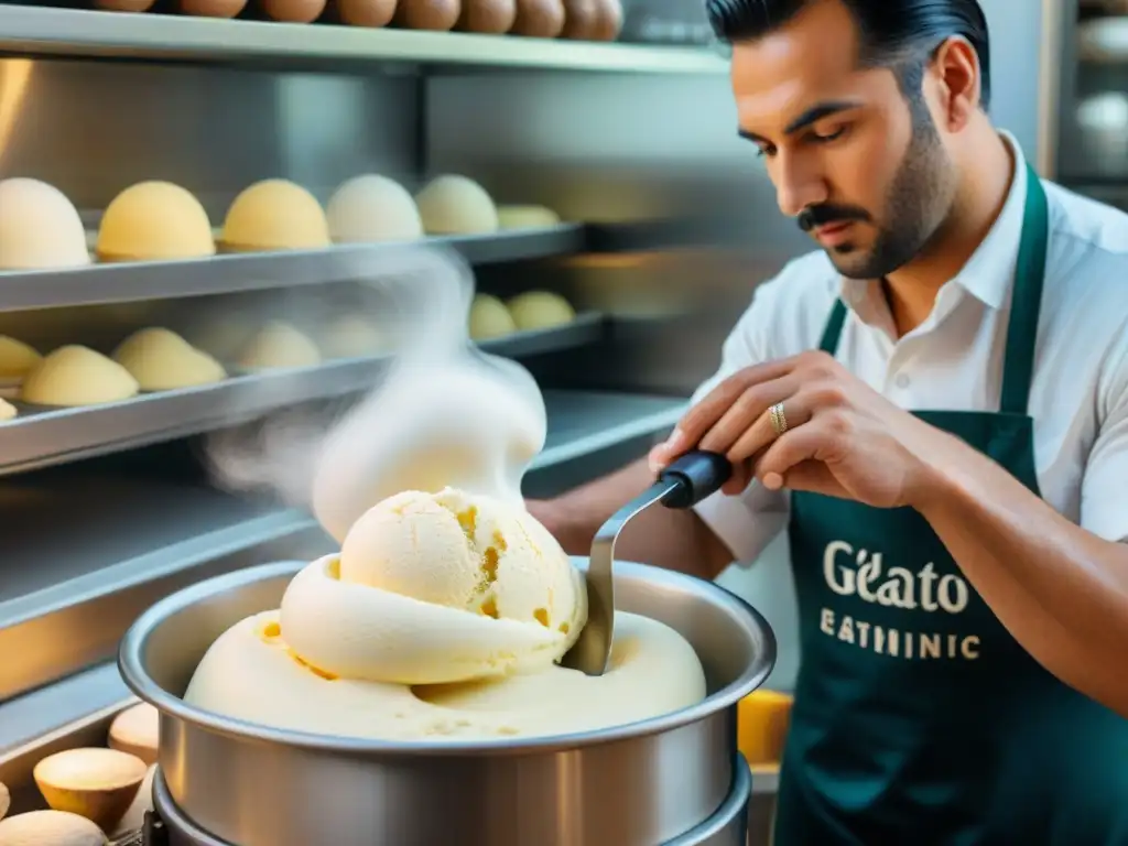 Maestro gelatero en Italia preparando con destreza una receta auténtica de gelato café en su tienda artesanal