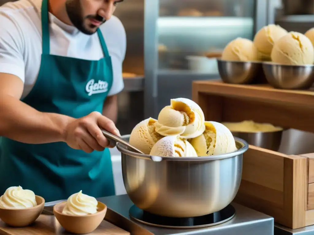 Un maestro gelatero crea con destreza una receta auténtica de Gelato Toscano en una heladería toscana