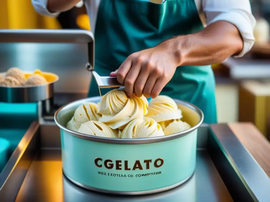 Un maestro gelatero removiendo gelato recién hecho en una heladera tradicional, en una típica gelatería italiana