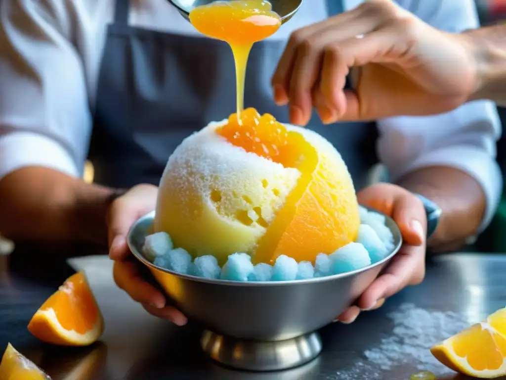 Un maestro gelatero prepara una granita siciliana con destreza en una gelatería del sur de Italia