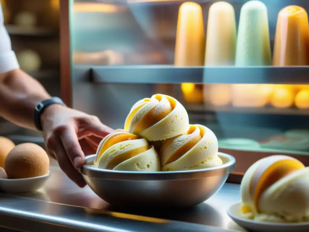 El maestro gelatero en una heladería toscana crea con destreza un cono de gelato artesanal, reflejando la receta auténtica gelato Toscano