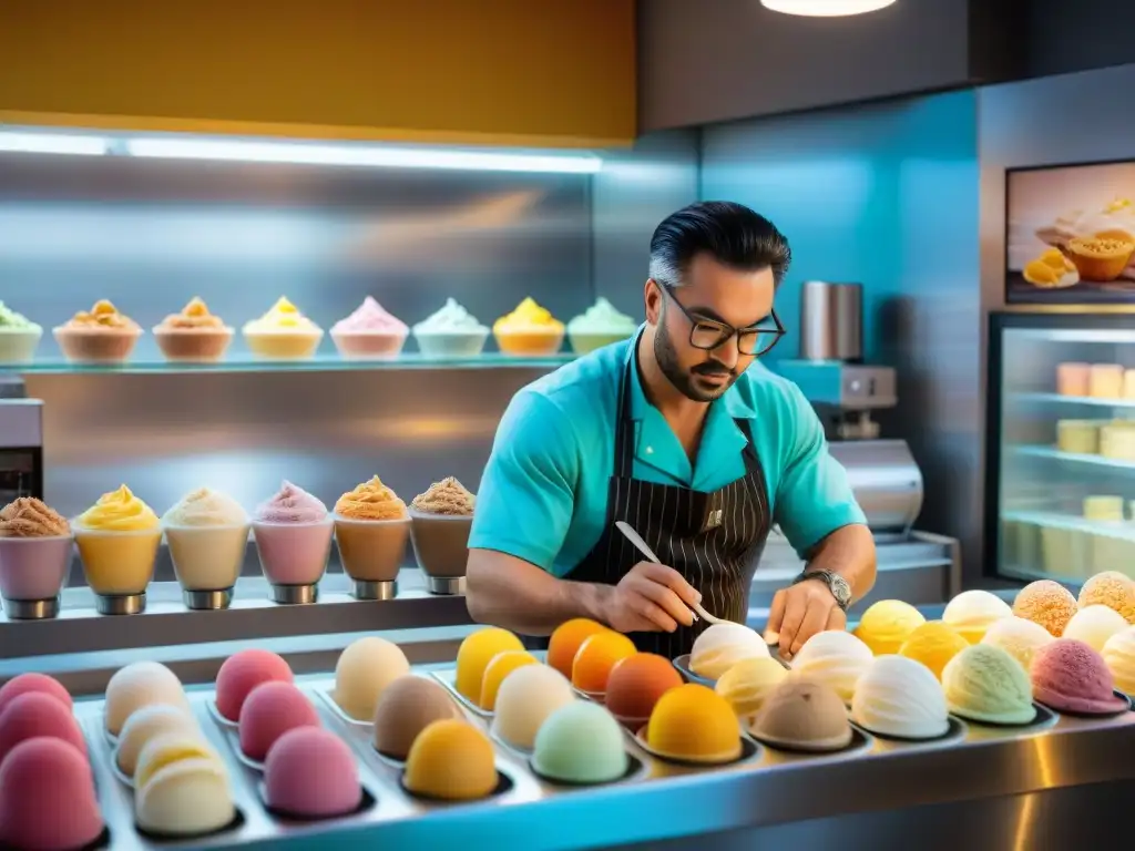 Un maestro gelatero crea innovaciones en el Gelato Italiano en una tienda tradicional, cautivando con su destreza y pasión