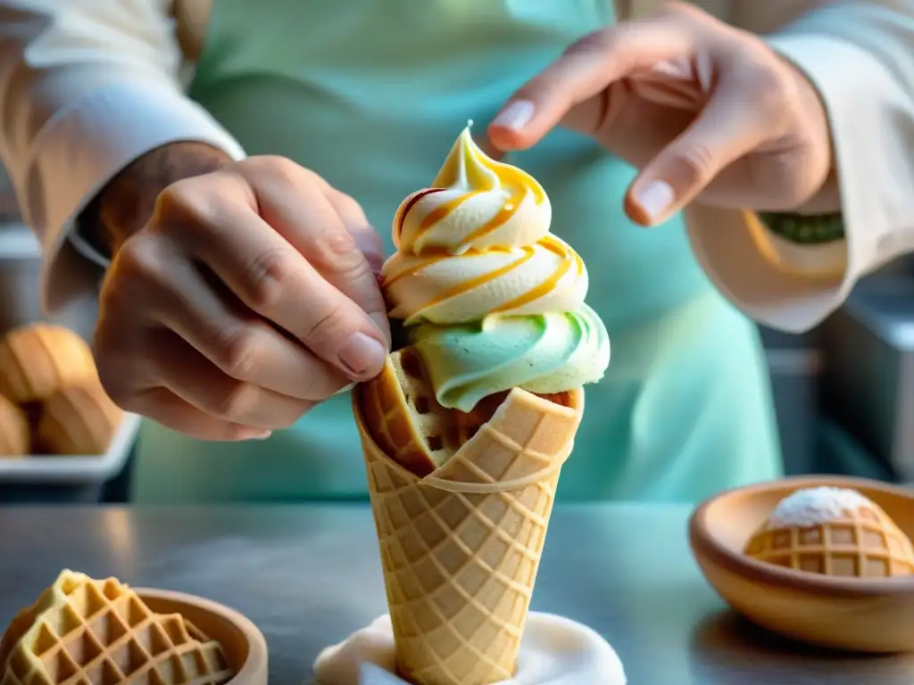 El maestro gelatero italiano crea con destreza un helado cremoso en un cono de gofre artesanal, destacando las diferencias entre gelato italiano