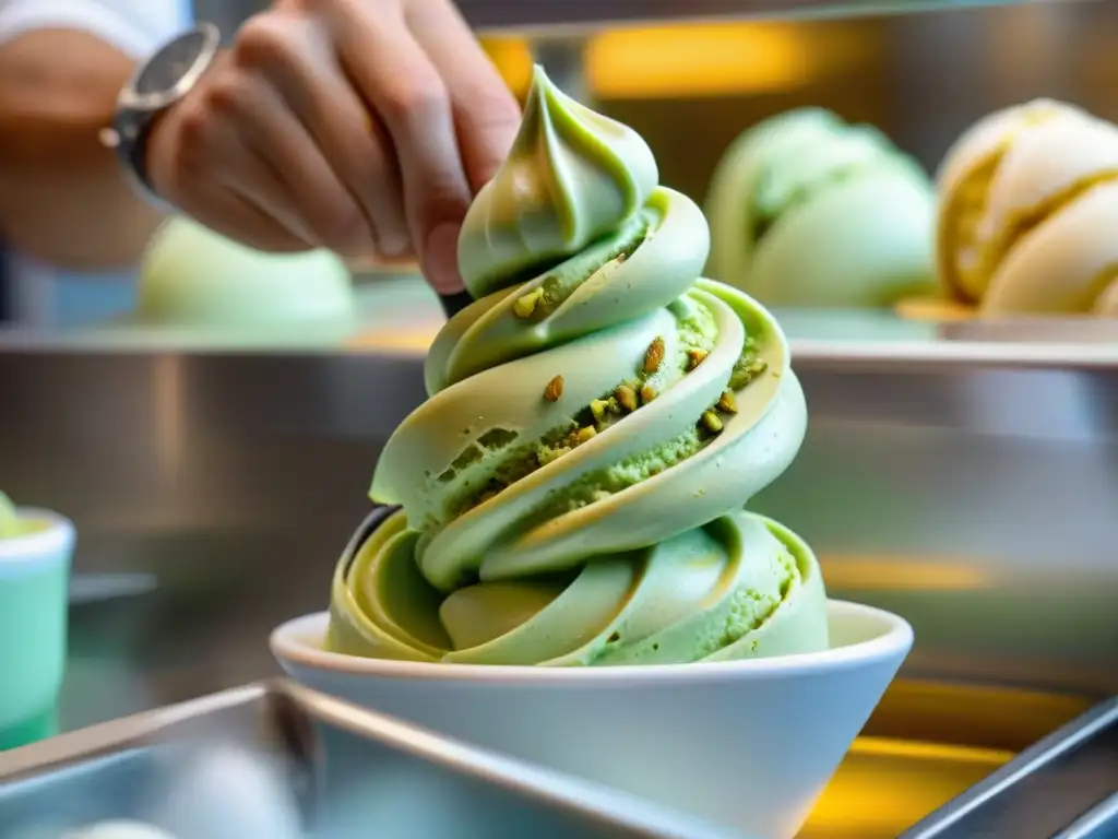 Un maestro gelatero italiano crea con destreza un auténtico helado de pistacho en una concurrida gelatería