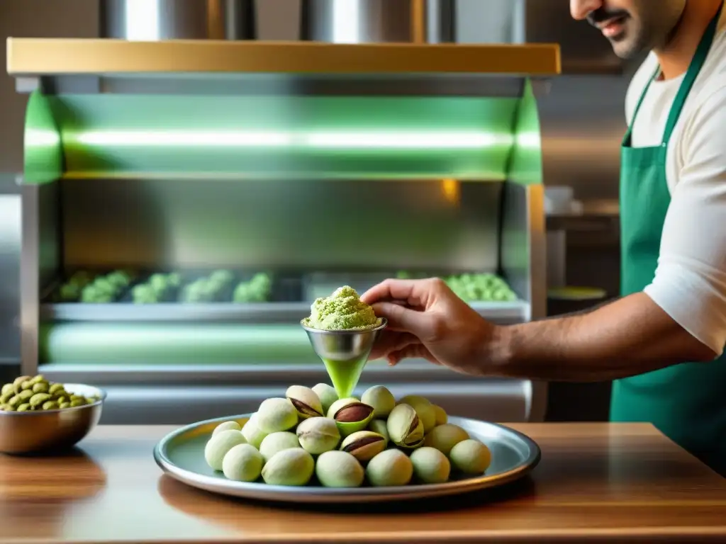 Maestro gelatero italiano elaborando pistacho en degustación privada gelato italiano