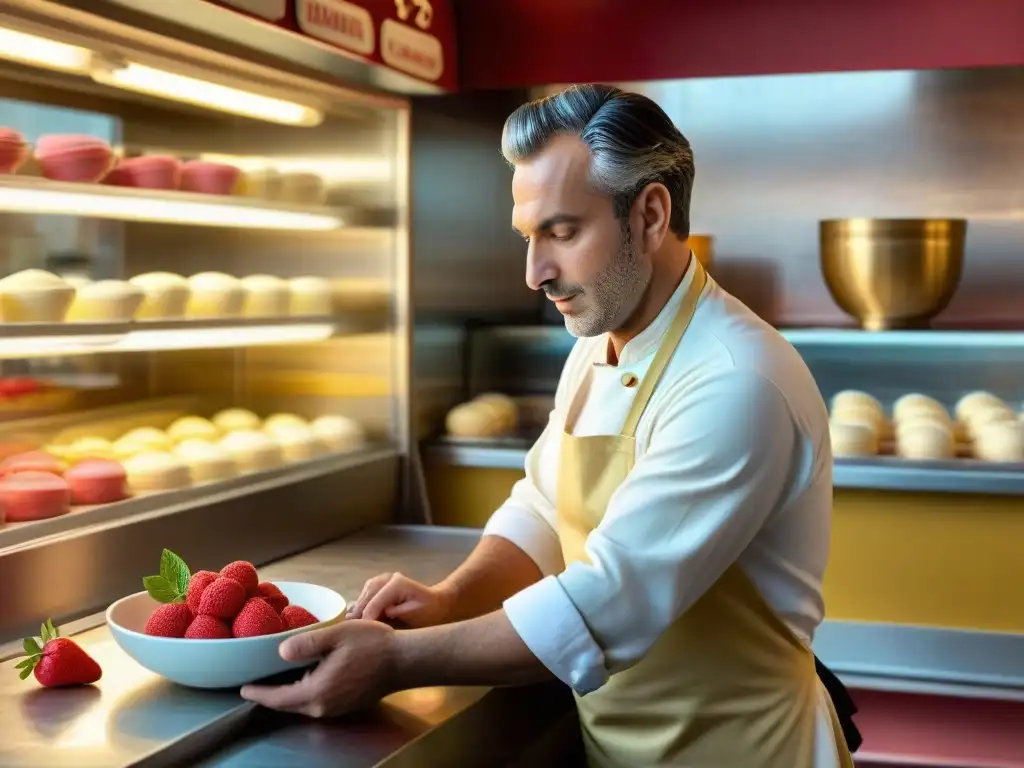 Un maestro gelatero italiano elabora su receta tradicional en una encantadora gelatería familiar en Italia