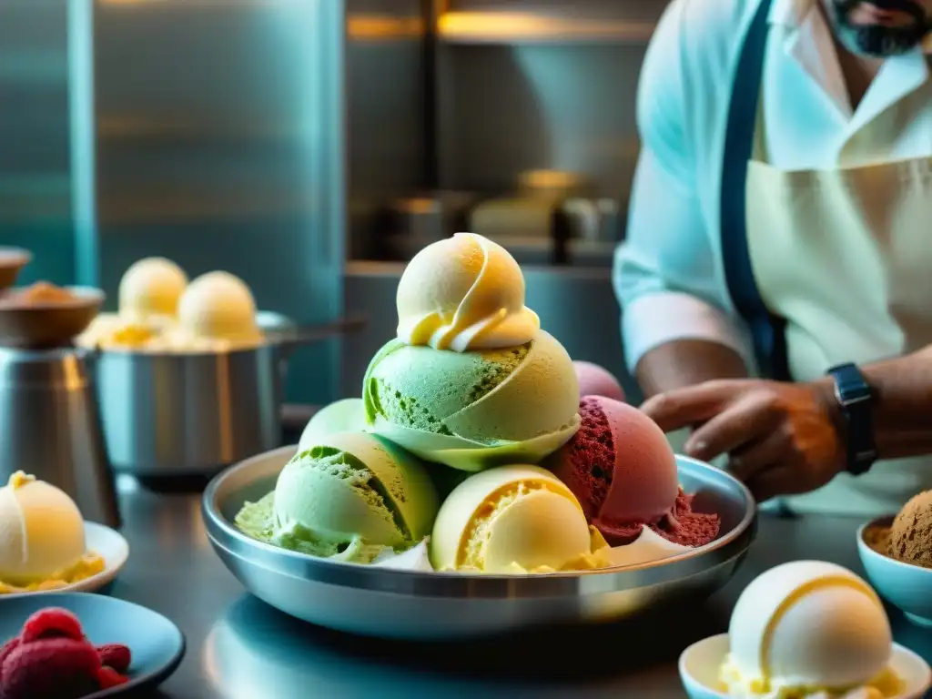 Un maestro gelatero italiano elaborando sabores sofisticados de gelato, concentración y arte en cada detalle